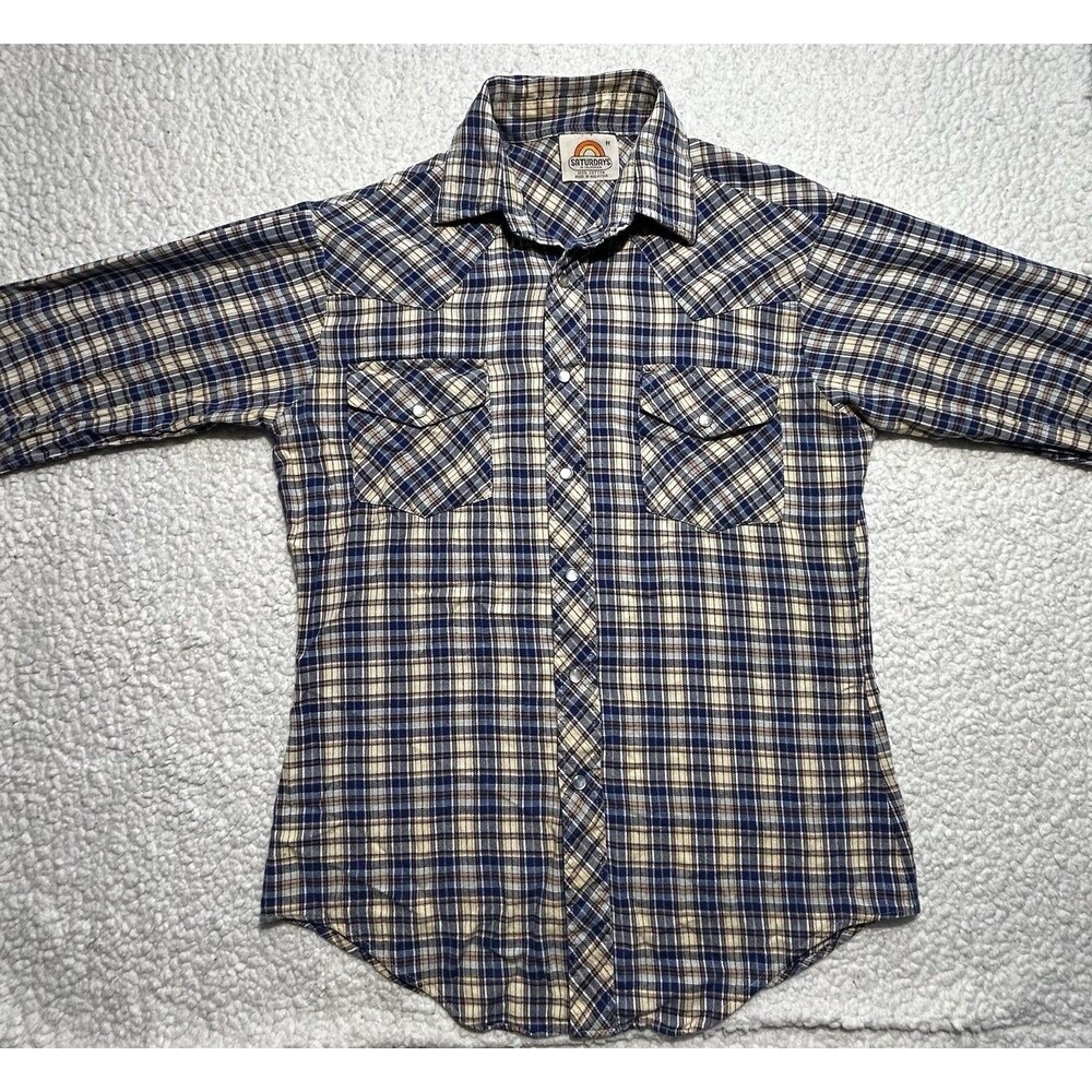 Saturdays In California Mens M Blue Orange Plaid Long Sleeve Flannel Shirt M